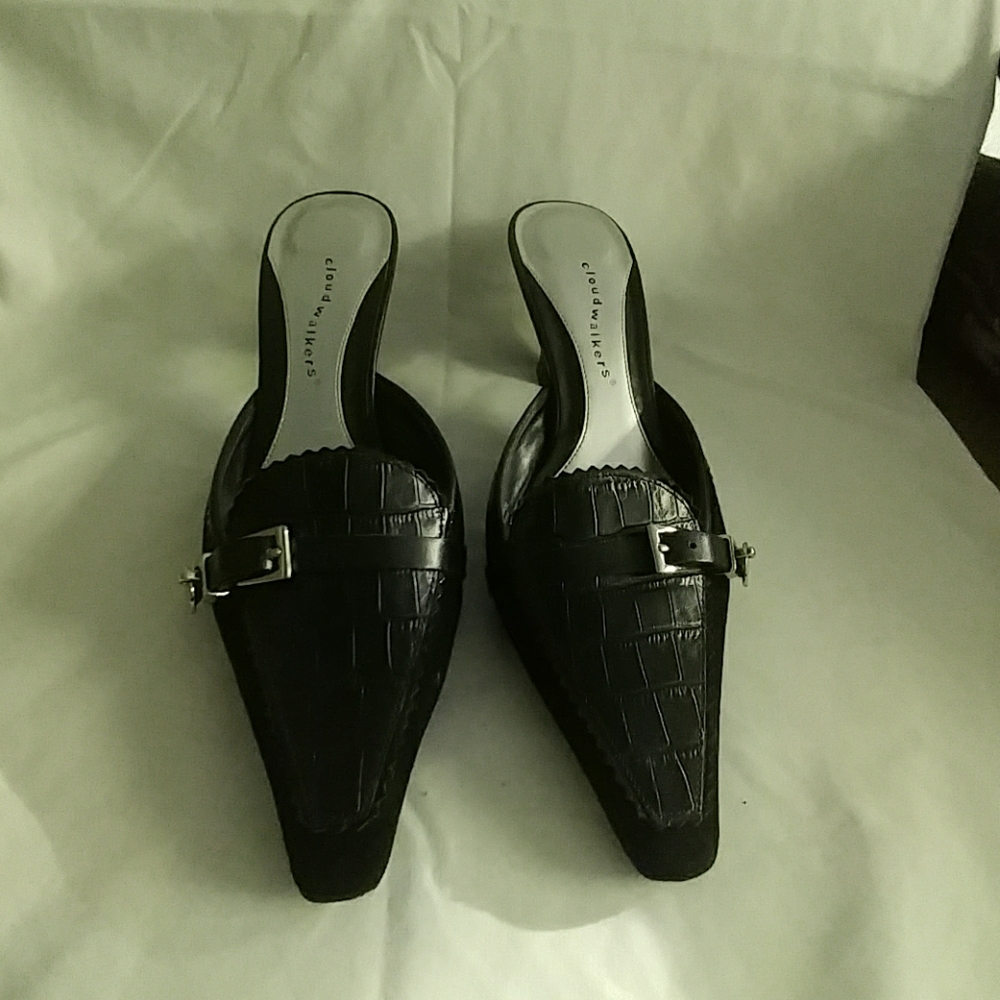 Black slide heels crocodile print